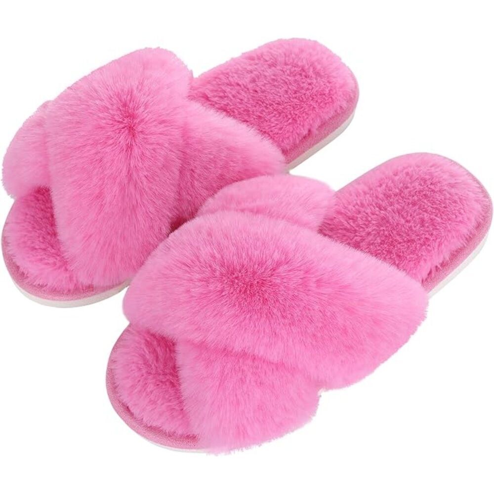Women's Fuzzy Slippers Cross Band Hot Pink Memory Foam House Slippers Open Toe